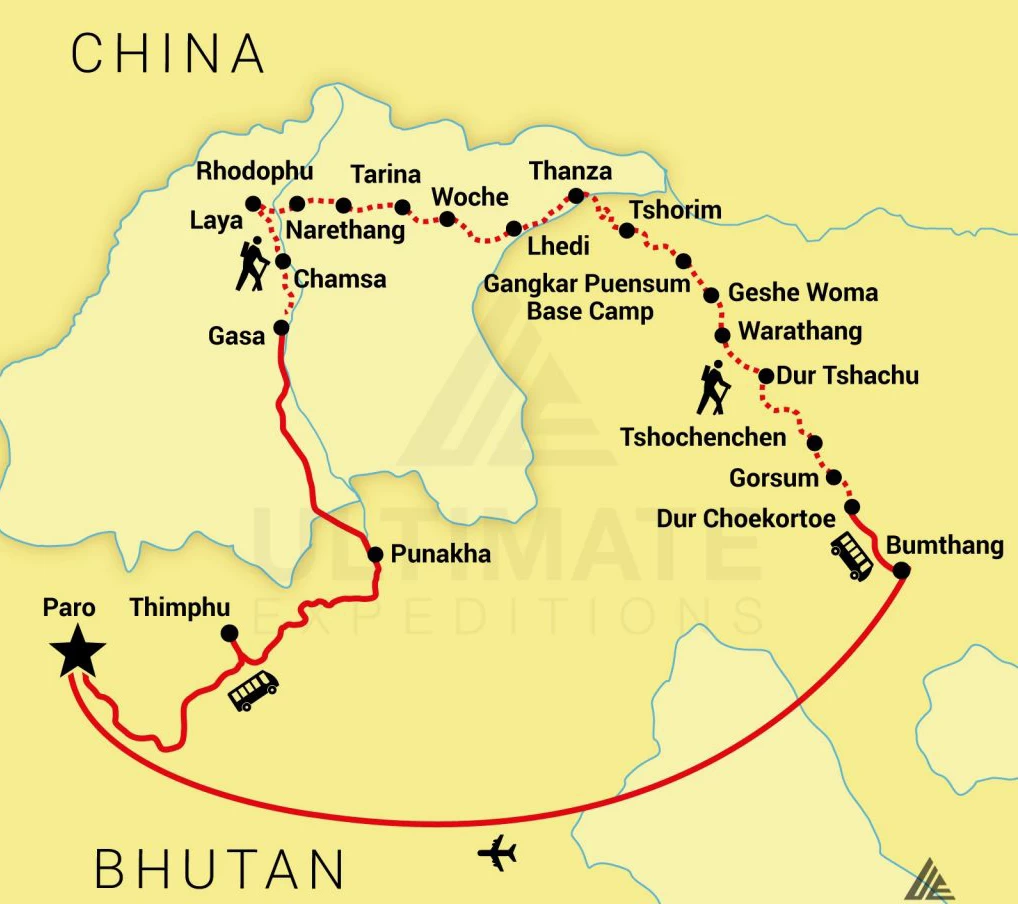 Snowman Trek Bhutan's road map