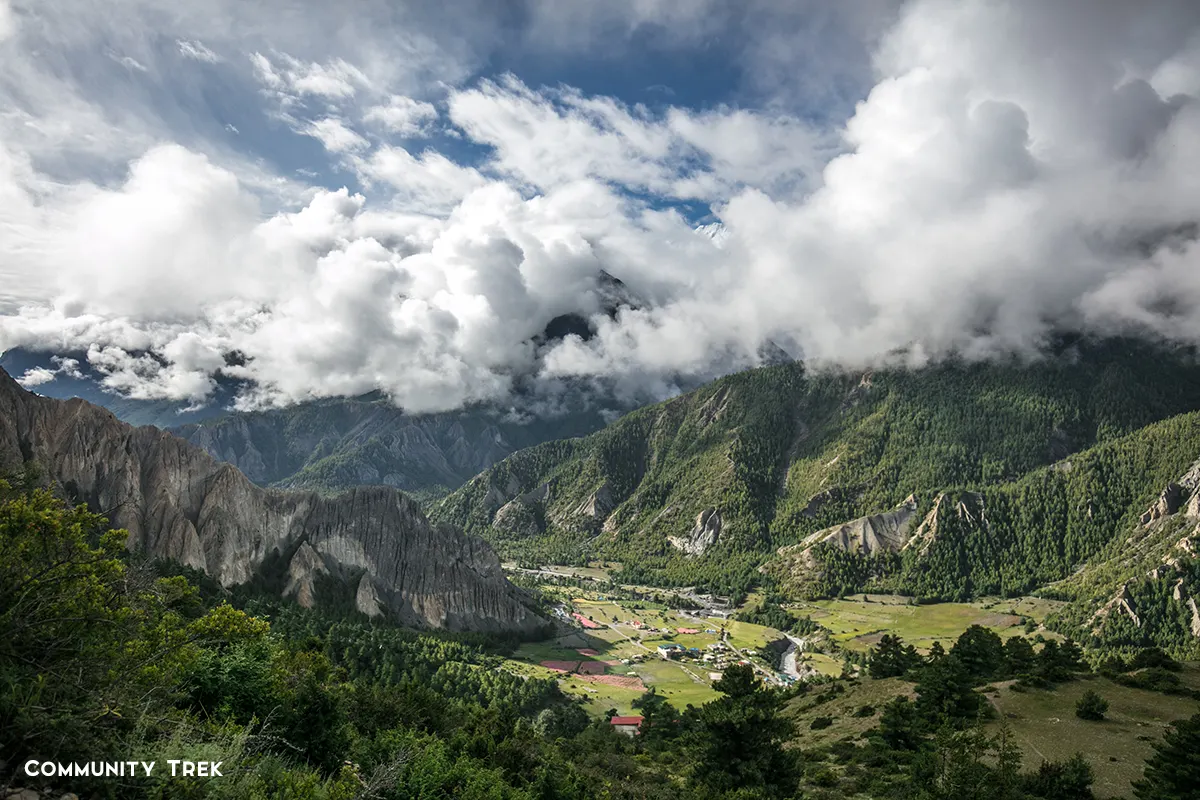 Manang Valley in Nepal surrounded by rugged Himalayan mountains under a dramatic summer sky