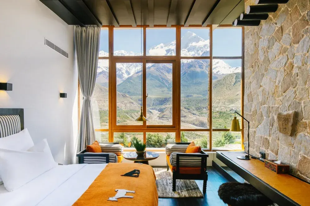 World-renowned Shinta Mani Mustang hotel in the scenic Kali Gandaki Valley of Upper Mustang, Nepal.