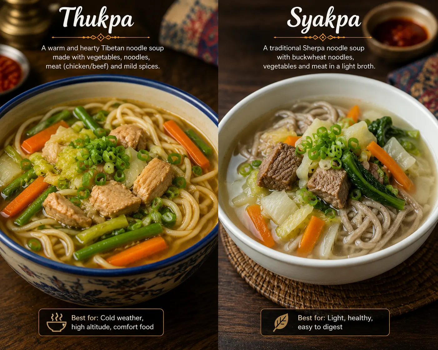 Traditional Himalayan Thukpa and Syakpa noodle soups served hot with vegetables, meat, and flavorful broth in a mountain-style setting.