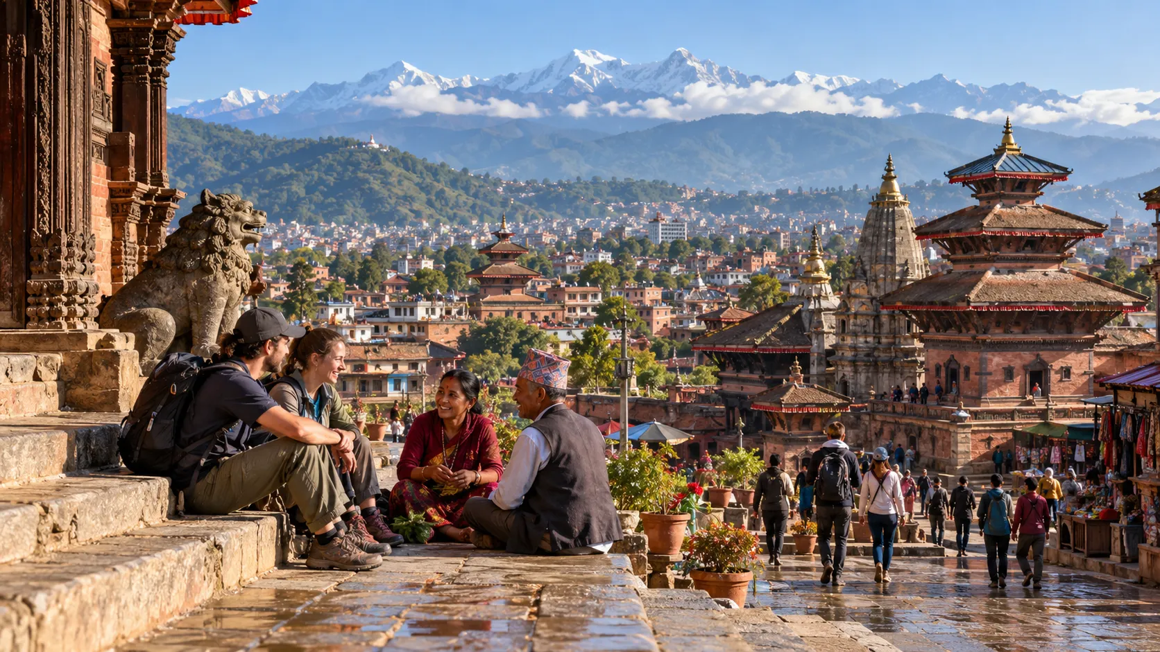 Travelers speaking with local people in Nepal with heritage architecture and Himalayan scenery.
