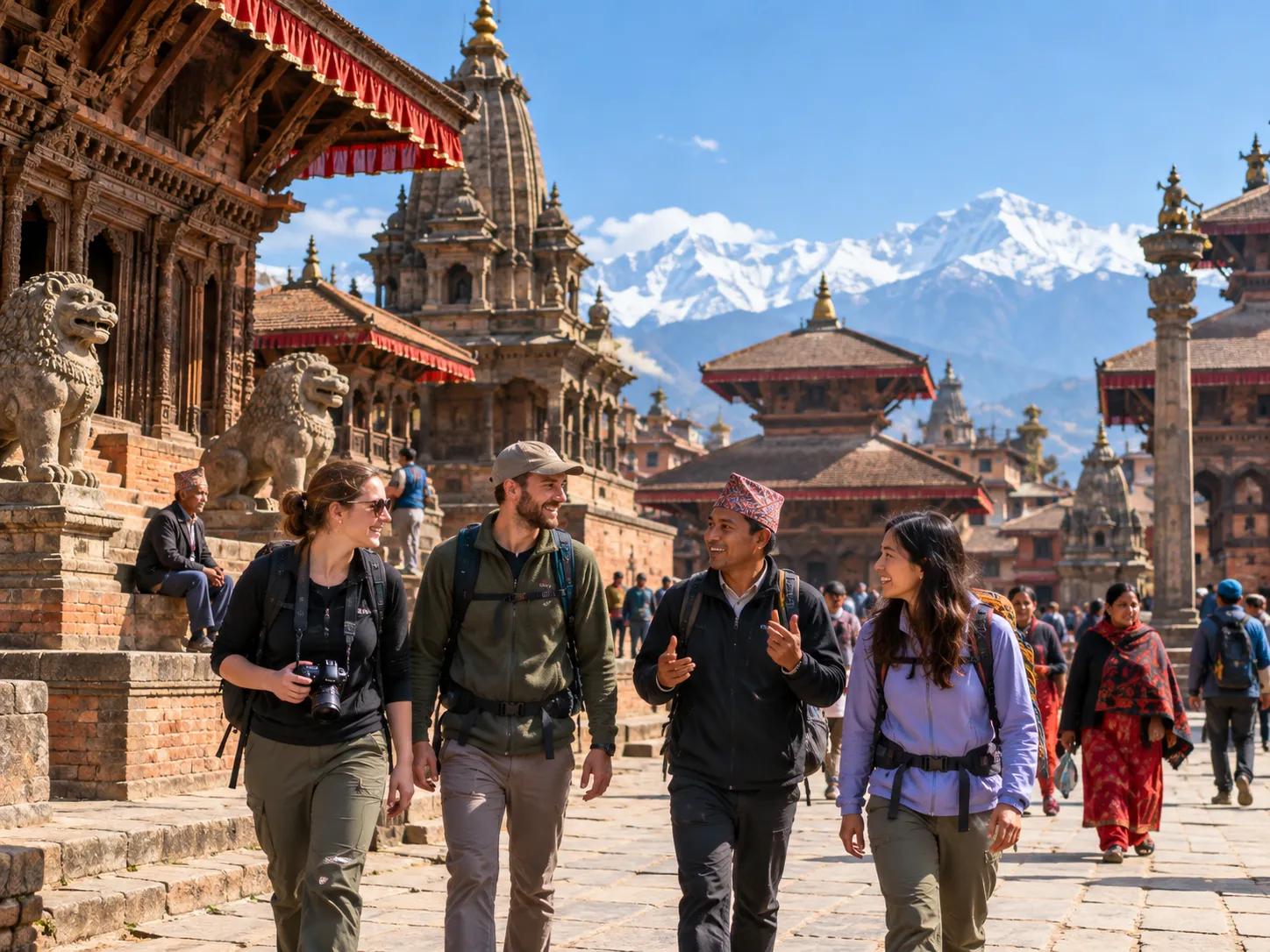 Travelers and a Nepali guide walking through a historic Kathmandu Valley square.