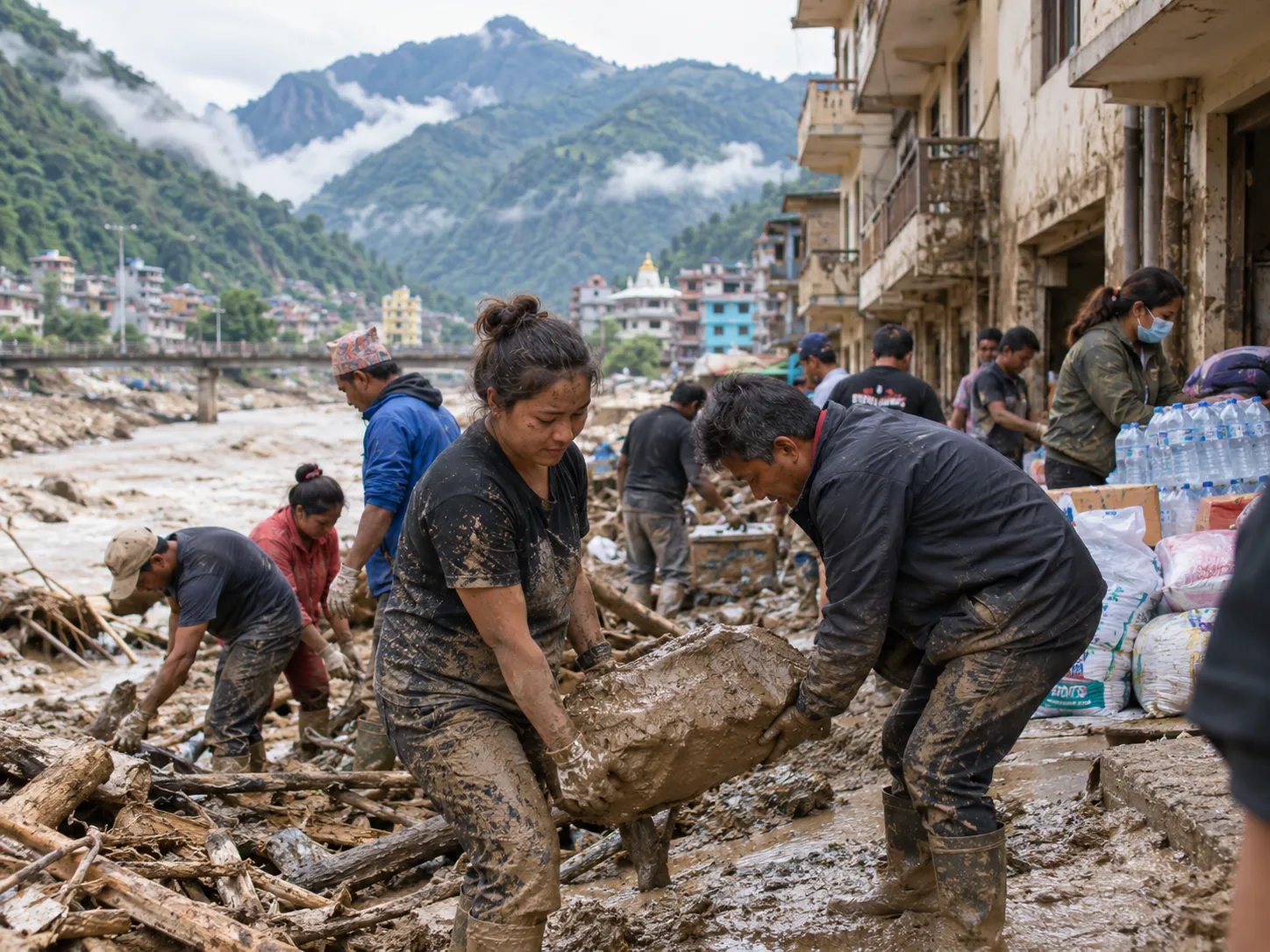 Illustrative scene of Nepali community members working together on flood cleanup and relief.